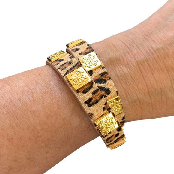 Rustic Cuff Double Wrap Animal Print Leather Calfskin Logo Bracelet - Picture 1 of 3